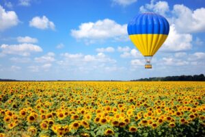 Field of sunflowers and hot air balloon